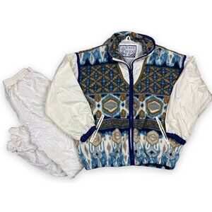 Vtg East West Womens Fleece/Nylon Track Suit Windbreaker Jacket Pants Aztec Sz M